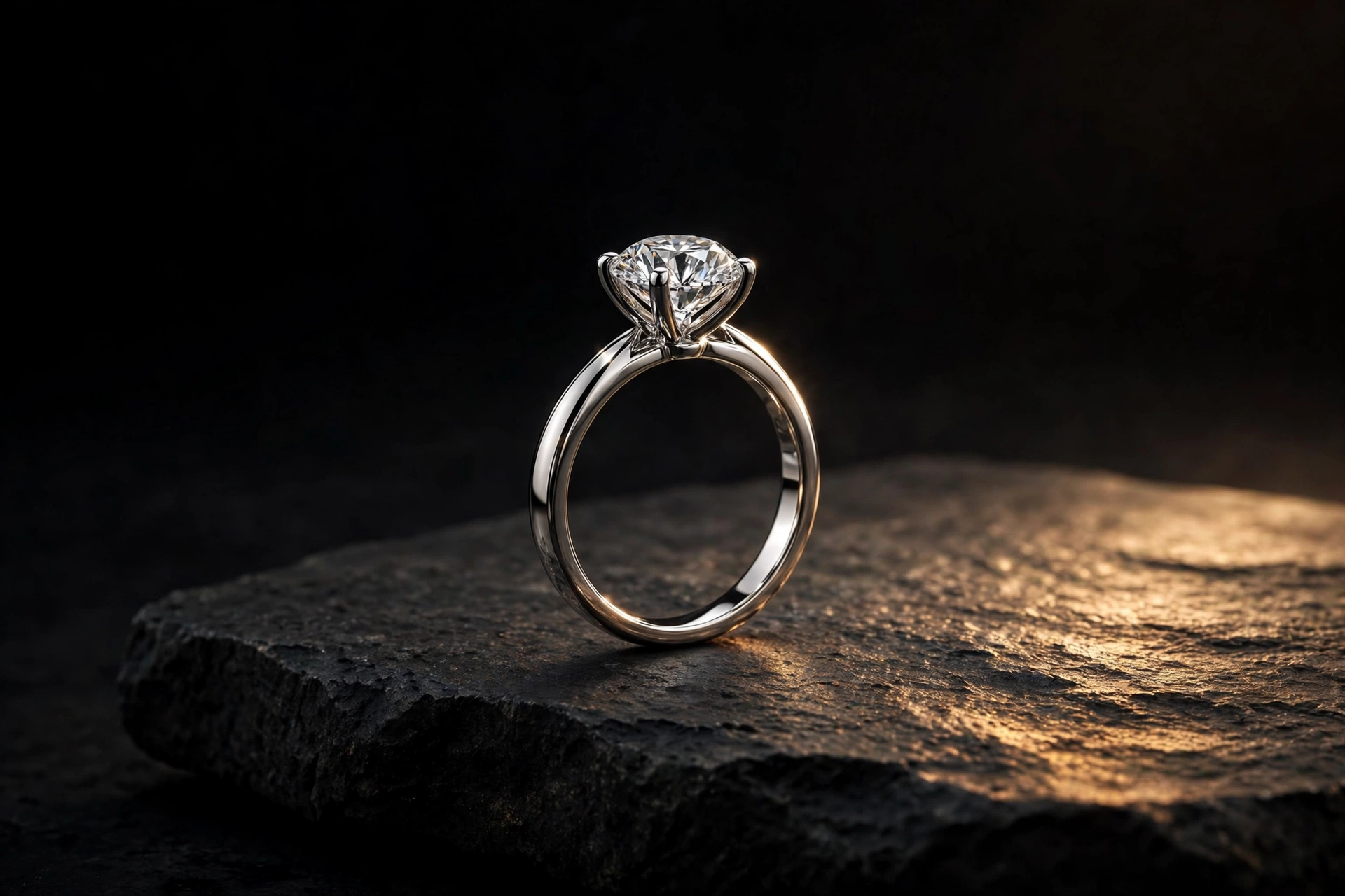 Sample: round brilliant solitaire ring in white metal on dark slate