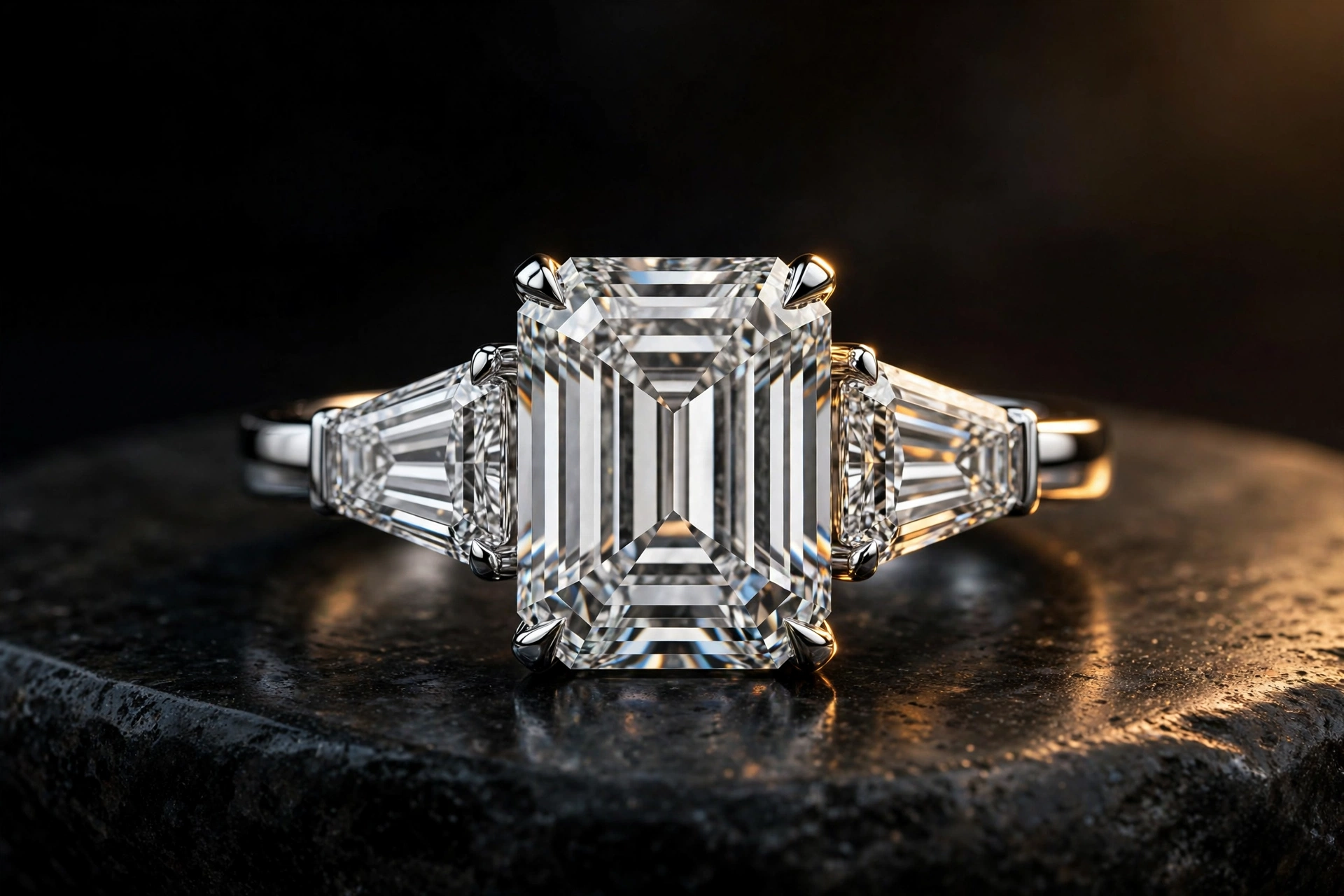 Sample: emerald-cut diamond ring with tapered baguette side stones on dark stone